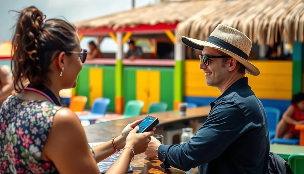 Tourist paying with credit card at a beach bar in Morro de Sao Paulo