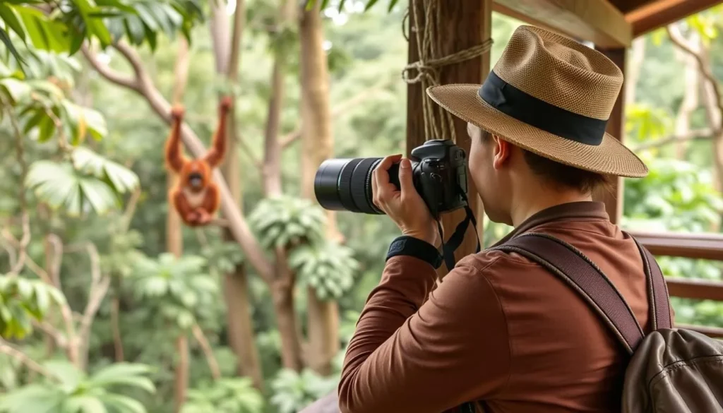 Tourist photographing orangutans from a safe distance in Tanjung Puting National Park