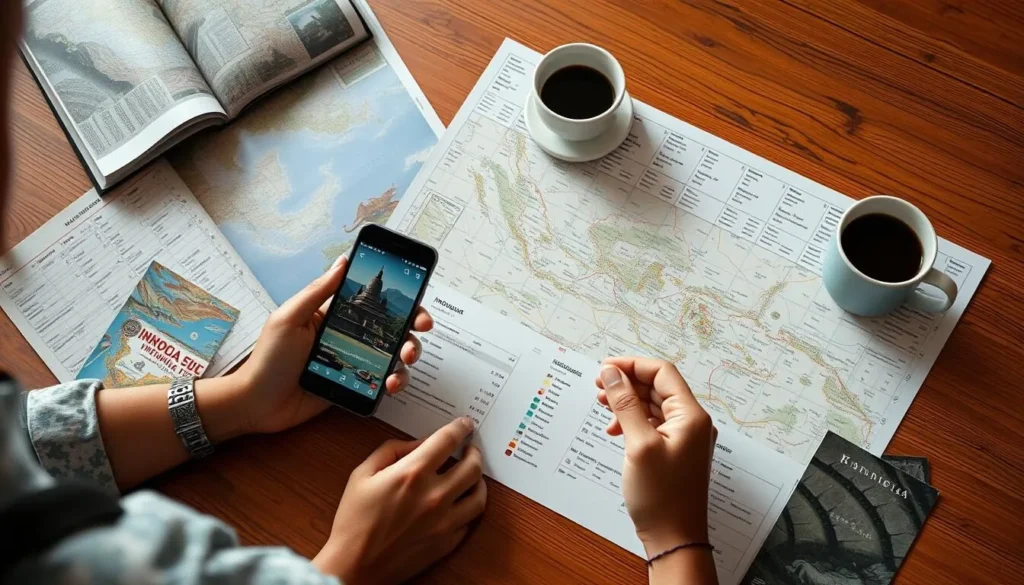 Tourist planning an Indonesia trip with maps and guidebooks - Indonesia best things to do