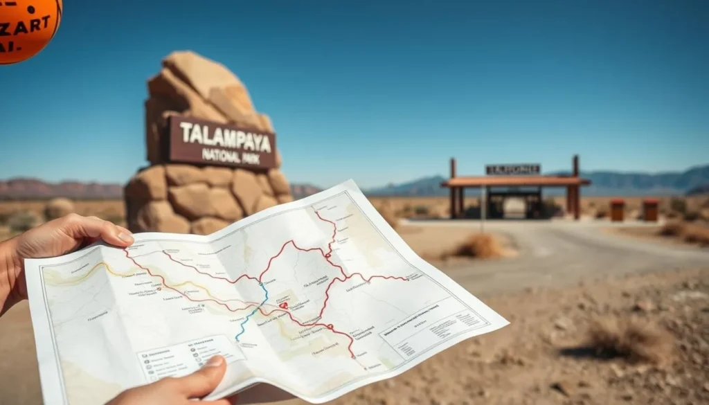 Tourist planning route on map near Talampaya National Park entrance Tourist planning route on map near Talampaya National Park entrance