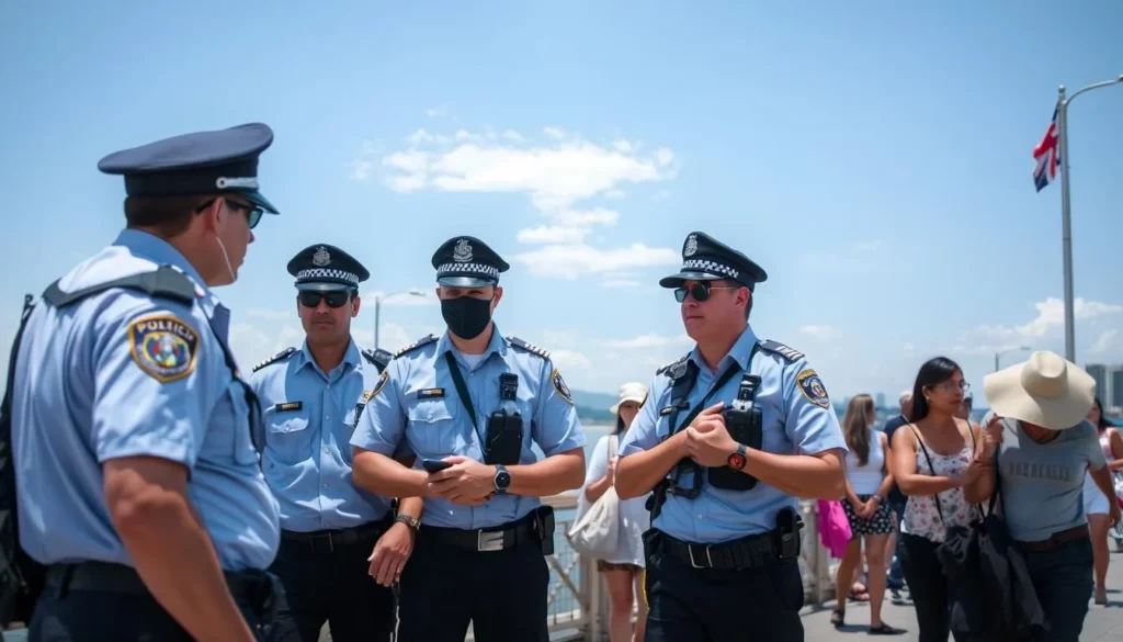 Tourist police officers patrolling Malecón 2000 in Guayaquil, helping visitors and ensuring safety