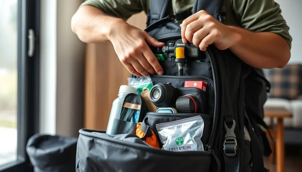Tourist preparing backpack with essential gear for Mount Palung National Park trek