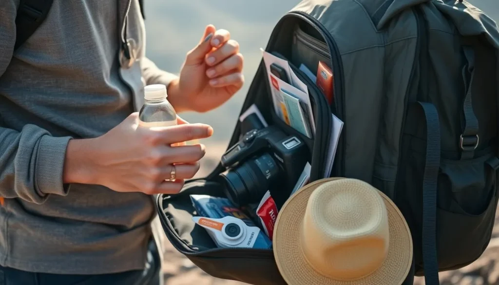 Tourist preparing backpack with essential items for a day trip to Gunung Merapi National Park