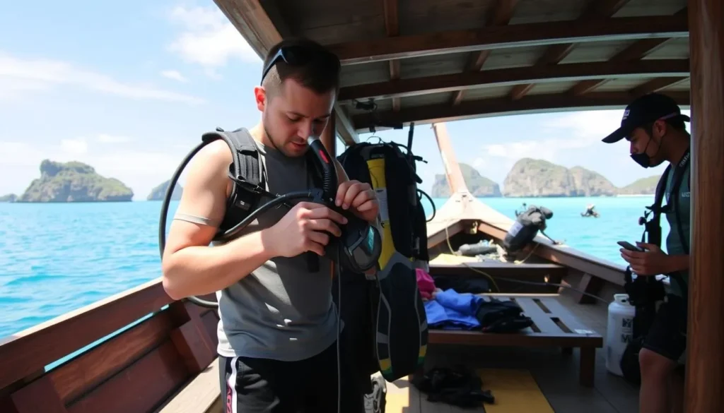 Tourist preparing diving equipment on a boat in Bunaken National Marine Park