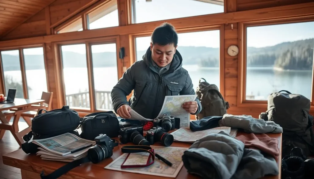 Tourist preparing for a Lake Donjon trip with proper gear and maps Tourist preparing for a Lake Donjon trip with proper gear and maps