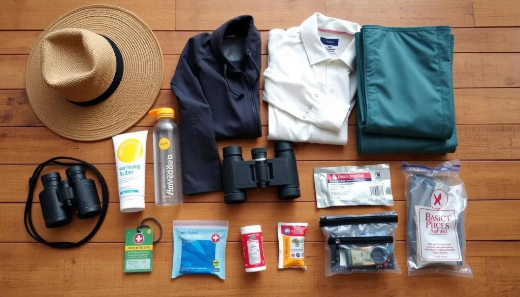 Tourist preparing for a day at Nam Theun 2 Reservoir with essential items like hat, sunscreen, water bottle, and appropriate clothing