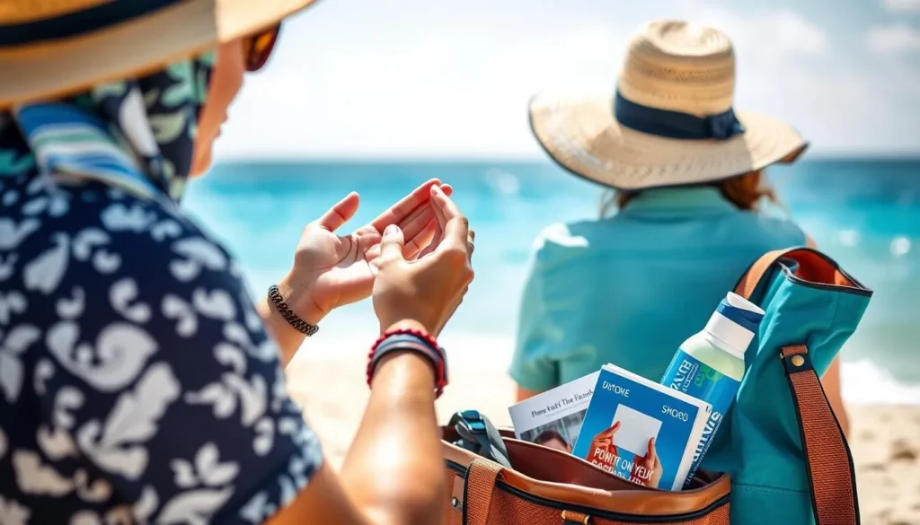 Tourist preparing for a day at the beach in Antigua with sun protection and water bottle