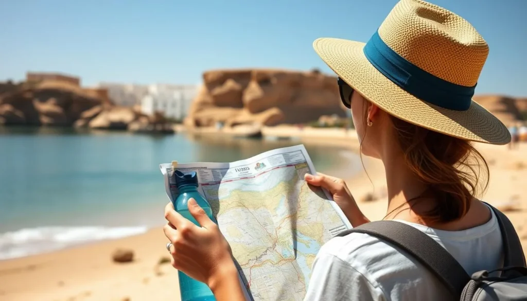 Tourist preparing for a day in Medenine, Tunisia with map, water bottle, and sun protection