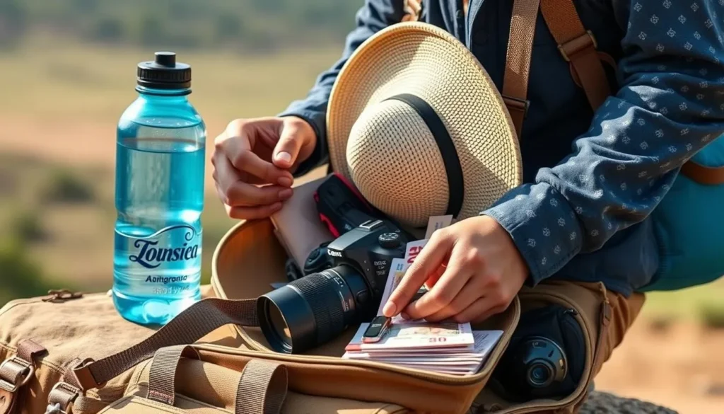 Tourist preparing for a day trip in Ambanja with essential items like water, hat, and guidebook Tourist preparing for a day trip in Ambanja with essential items like water, hat, and guidebook
