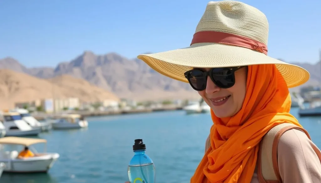 Tourist preparing for a day trip in Khasab with proper gear including hat, sunglasses, and water bottle