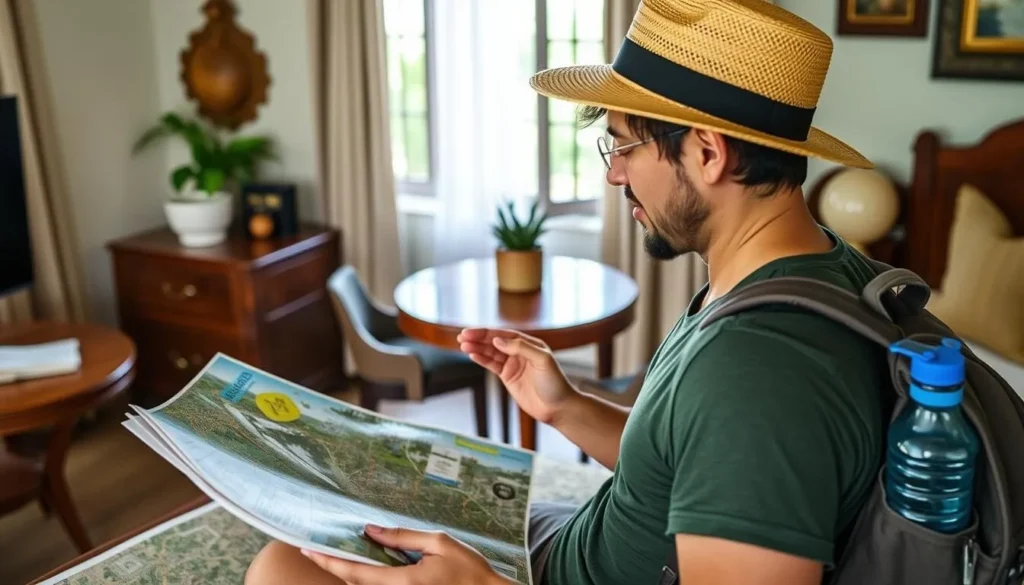 Tourist preparing for a day trip in La Lima Honduras with map and guidebook