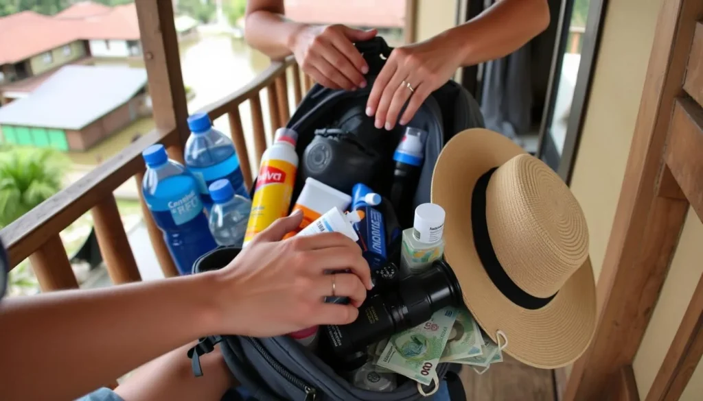 Tourist preparing for a day trip in Nosy Varika with essential items and local currency