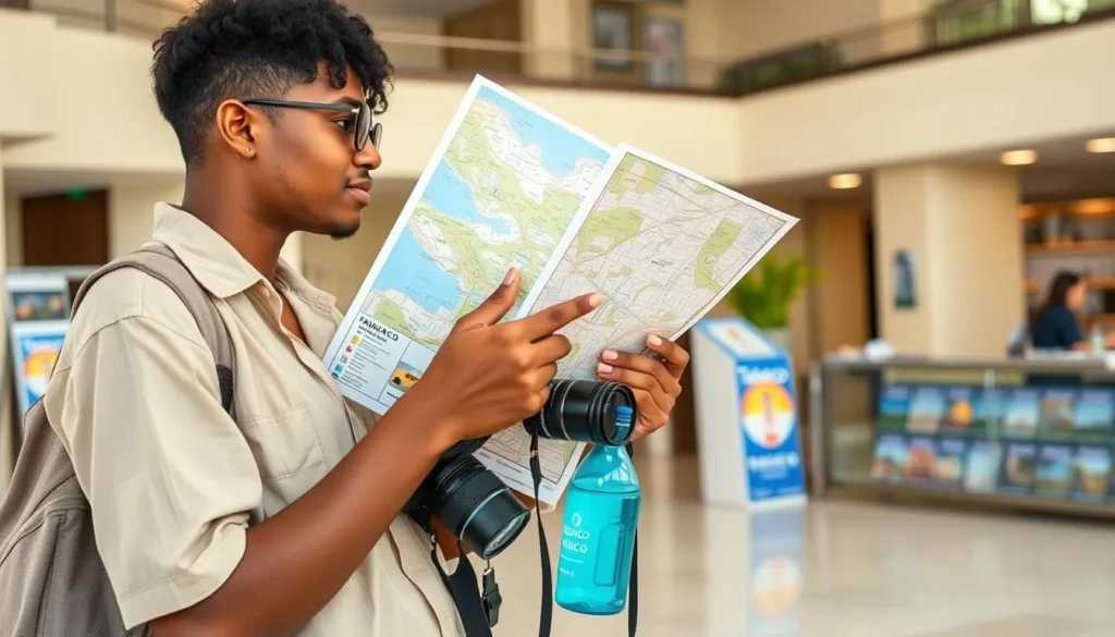 Tourist preparing for a day trip in Tabasco with map, camera, and water bottle