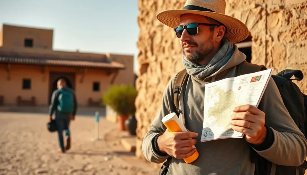 Tourist preparing for a day trip in Tataouine with proper desert gear and supplies