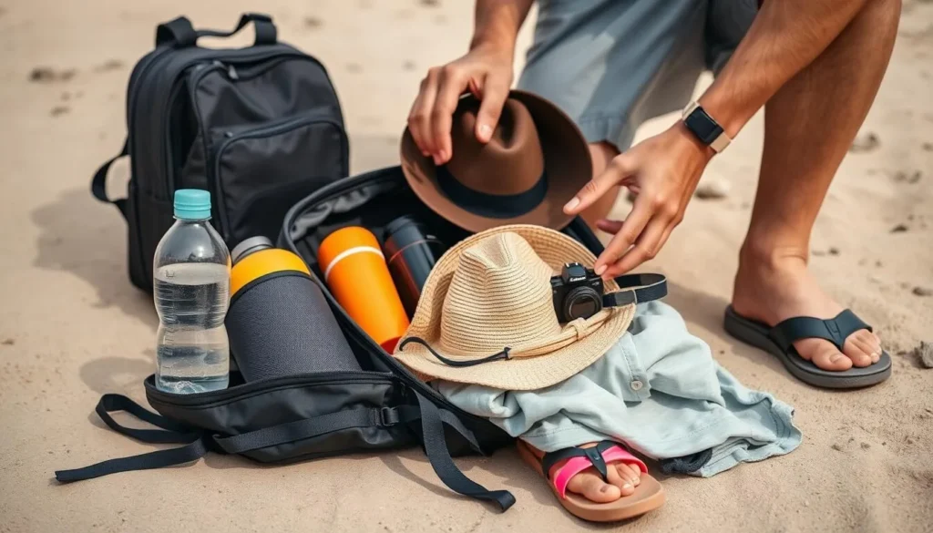 Tourist preparing for a day trip to Lencois National Park Brazil with essential items Tourist preparing for a day trip to Lencois National Park Brazil with essential items