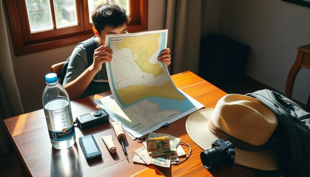 Tourist preparing for a day trip to Tha Ngon Lake with map and essentials