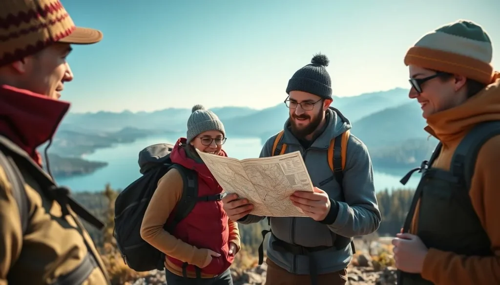 Tourist preparing for a hike at Lake Altai with backpack and map Tourist preparing for a hike at Lake Altai with backpack and map