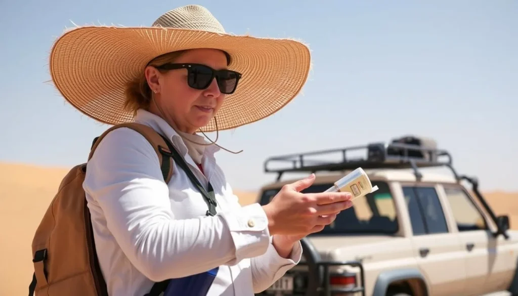 Tourist preparing for desert exploration in Wahiba Sands with proper gear