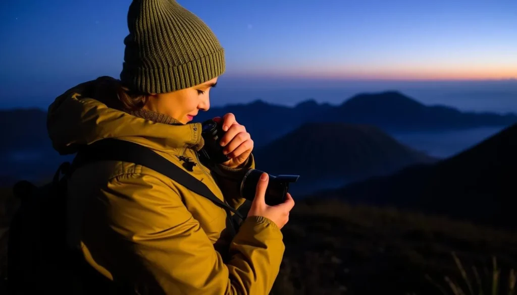 Tourist preparing for sunrise tour at Bromo with warm clothing and camera equipment