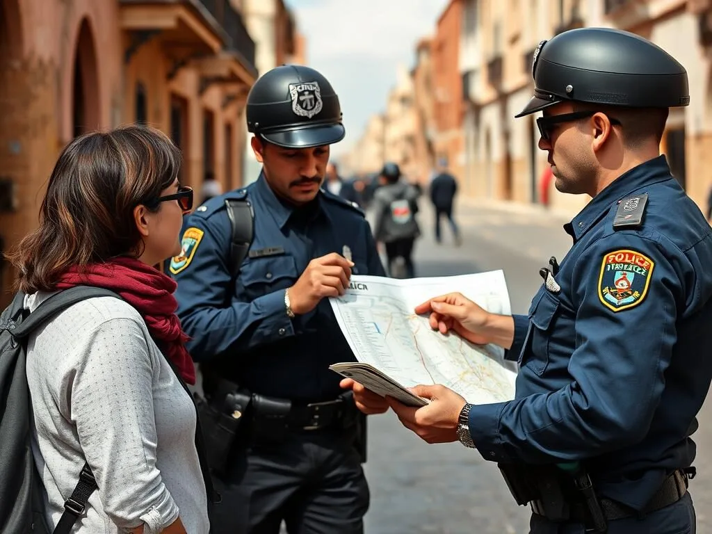 Tourist receiving advice from local police in Smara, Morocco