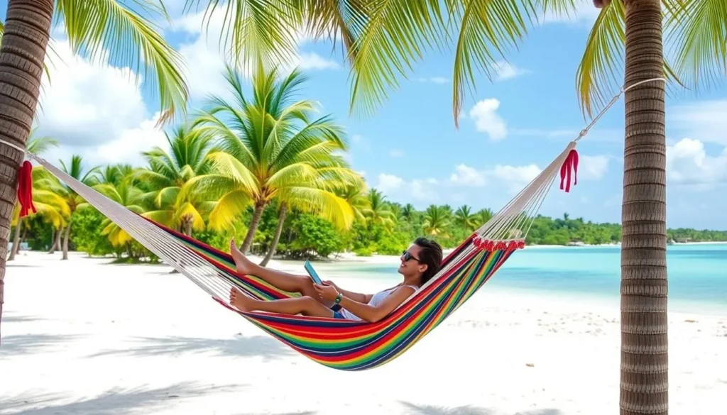 Tourist relaxing in a hammock between palm trees at West Bay Beach Honduras