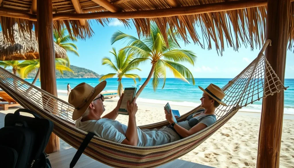 Tourist relaxing in a hammock with a book at a beachside palapa in Huatulco National Park
