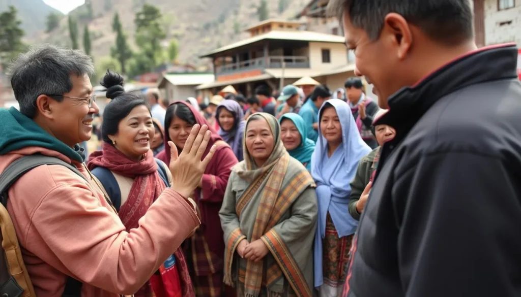 Tourist respectfully greeting Bhutanese locals with traditional gesture