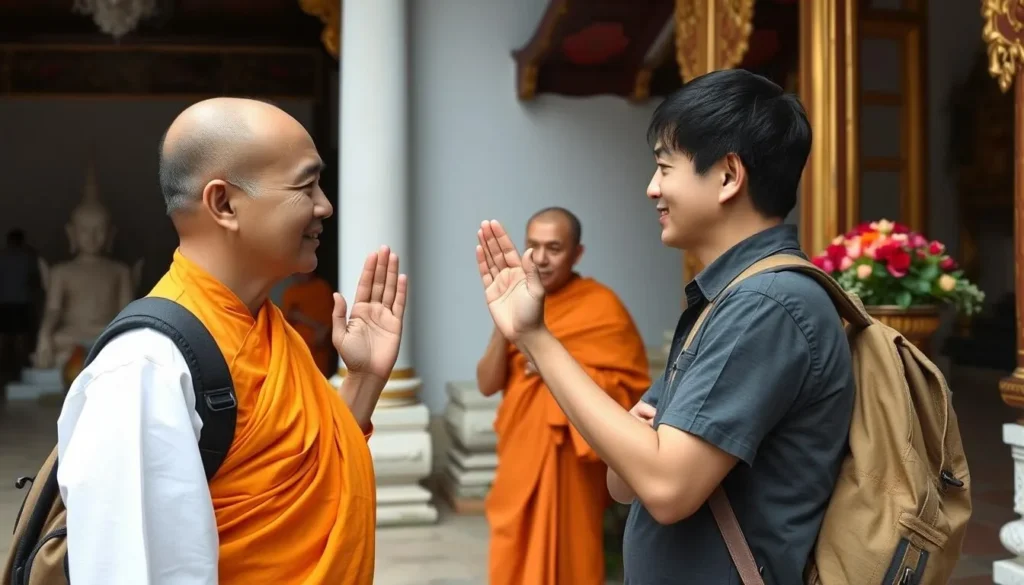 Tourist respectfully greeting a Buddhist monk with a traditional Lao wai gesture in Pakse