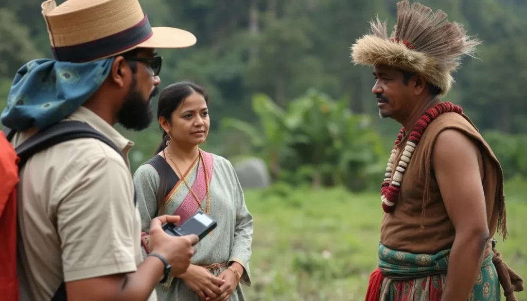 Tourist respectfully interacting with indigenous guide in Wasur National Park