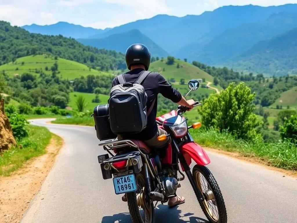 Tourist riding a rented motorbike on a rural road near Nam Ha National Protected Area