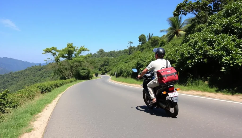 Tourist riding a rented motorbike on a scenic road in the Bolaven Plateau near Pakse, Laos