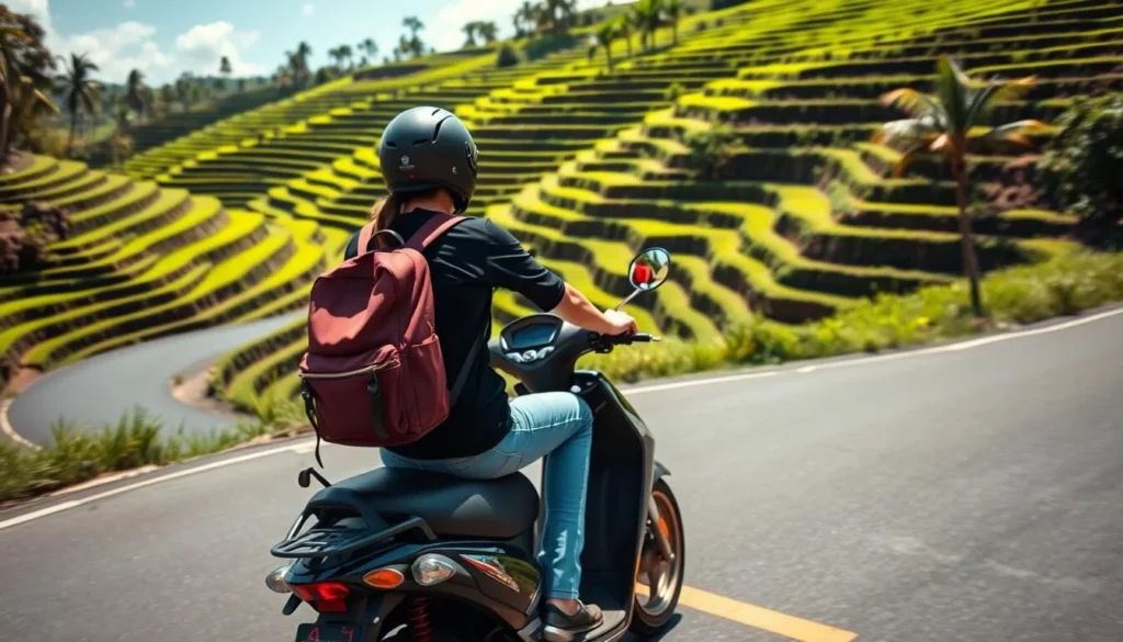 Tourist riding a scooter through Bali's rice terraces - Indonesia best things to do