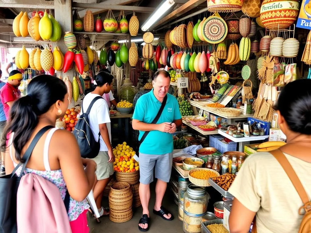 Tourist shopping at a colorful local market in Hikkaduwa
