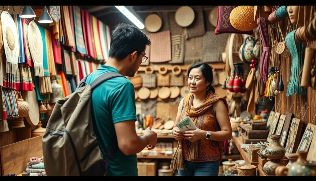 Tourist shopping for handmade crafts and souvenirs in a Barichara artisan shop Tourist shopping for handmade crafts and souvenirs in a Barichara artisan shop
