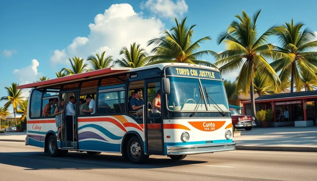 Tourist shuttle bus at Cayo Coco resort area with palm trees and blue sky