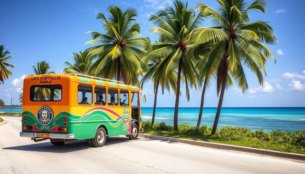 Tourist shuttle bus on Cayo Guillermo Island, Cuba with palm trees in background