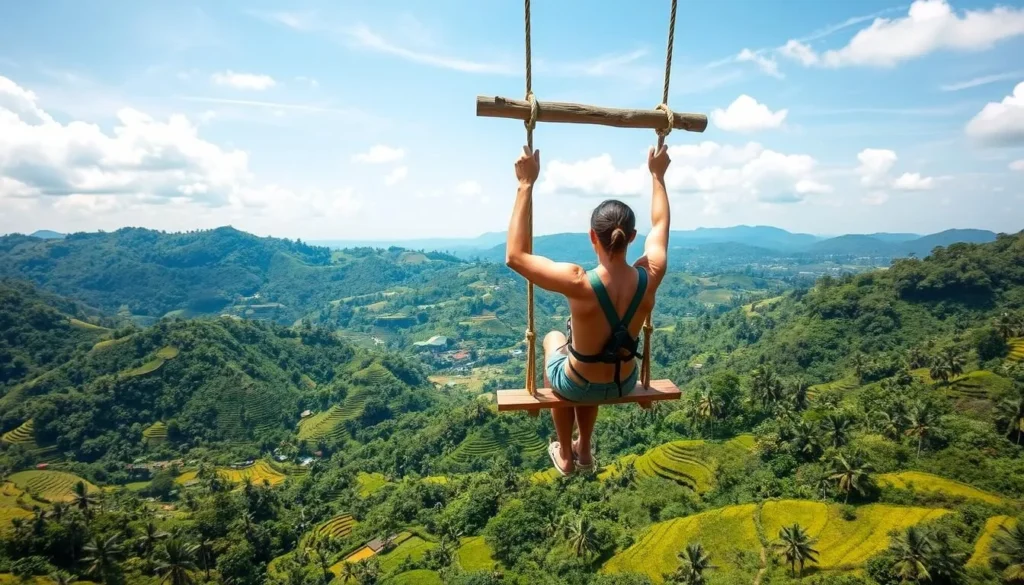Tourist taking a Bali swing ride over lush jungle valley with rice terraces visible in the distance Tourist taking a Bali swing ride over lush jungle valley with rice terraces visible in the distance