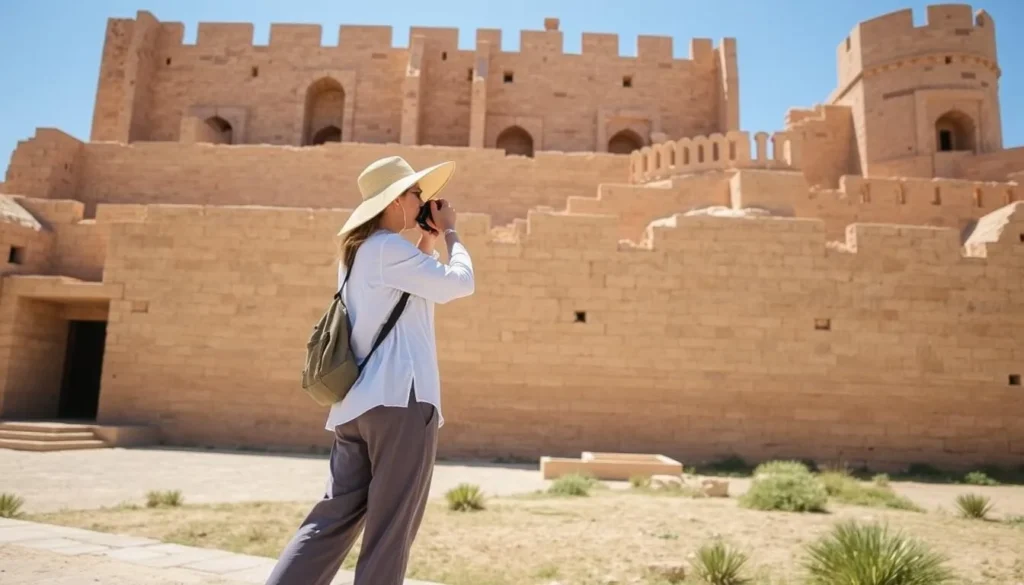 Tourist taking photos at Al-Karak Castle with proper attire for the climate
