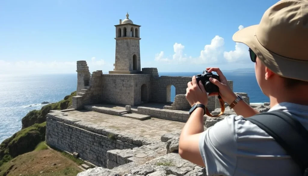Tourist taking photos at Ruinas del Faro in Aguadilla with ocean view
