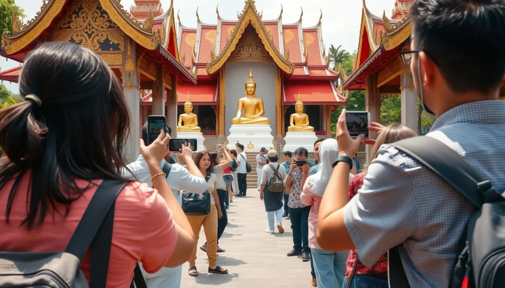 Tourist taking photos at Wat Si Saket temple in Vientiane