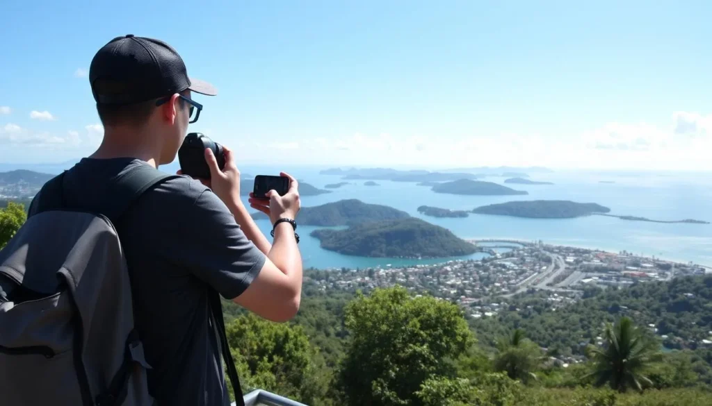 Tourist taking photos at a scenic viewpoint overlooking Ambon Bay