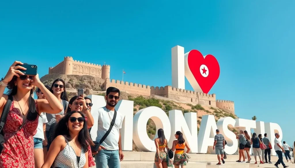 Tourist taking photos at the I Love Monastir sign with the Ribat in background