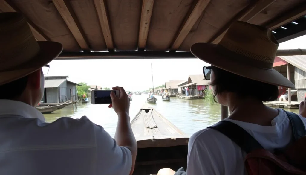 Tourist taking photos from a traditional wooden boat on the Martapura River in Banjarmasin