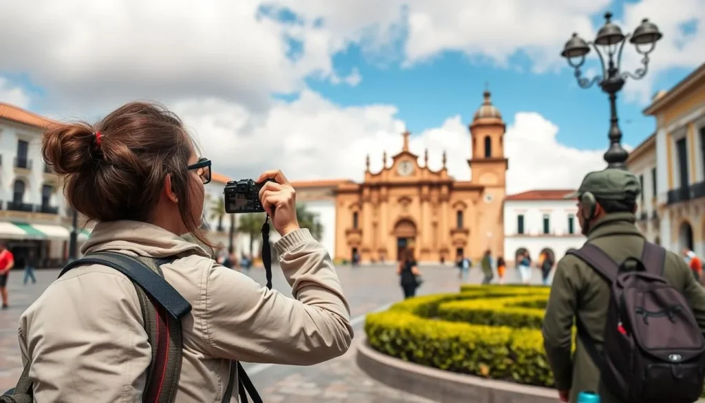 Tourist taking photos in Pasto Colombia with travel essentials