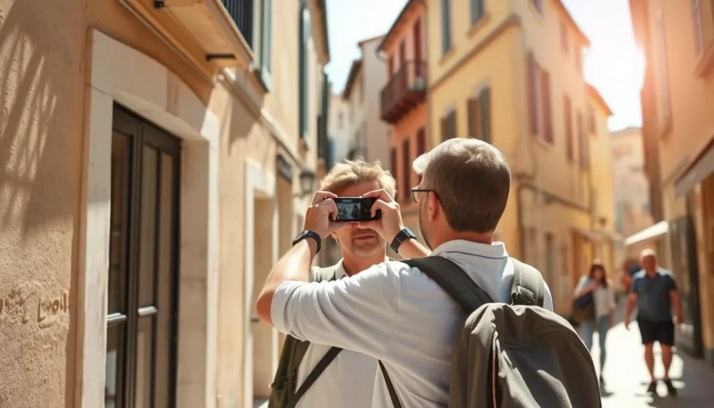Tourist taking photos in Toulon's Old Town on a sunny day