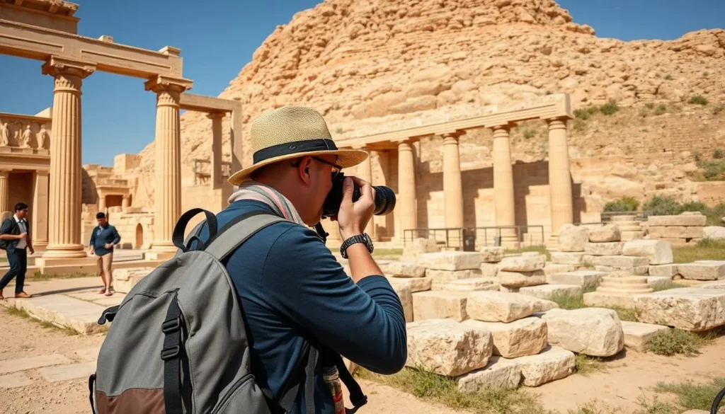 Tourist taking photos of Jerash ruins with proper equipment and respectful behavior