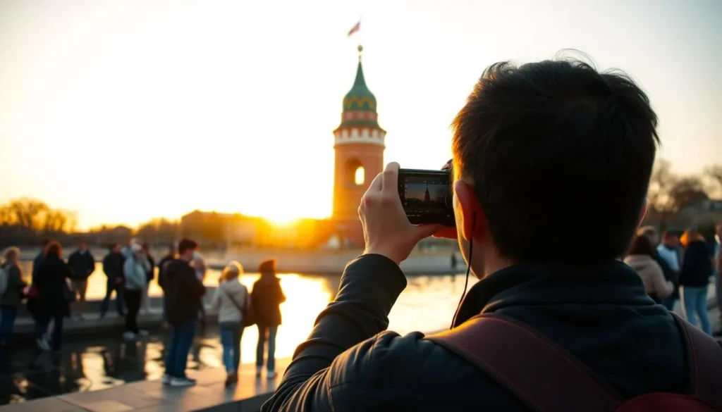 Tourist taking photos of Kalyazin Bell Tower during golden hour