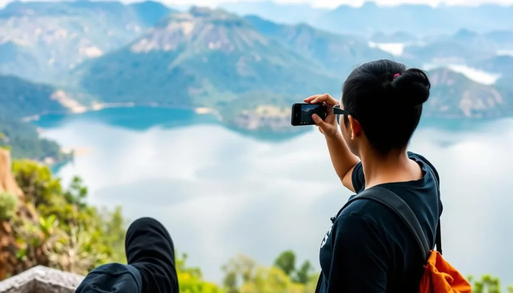 Tourist taking photos of Lake Singkarak at a scenic viewpoint Tourist taking photos of Lake Singkarak at a scenic viewpoint