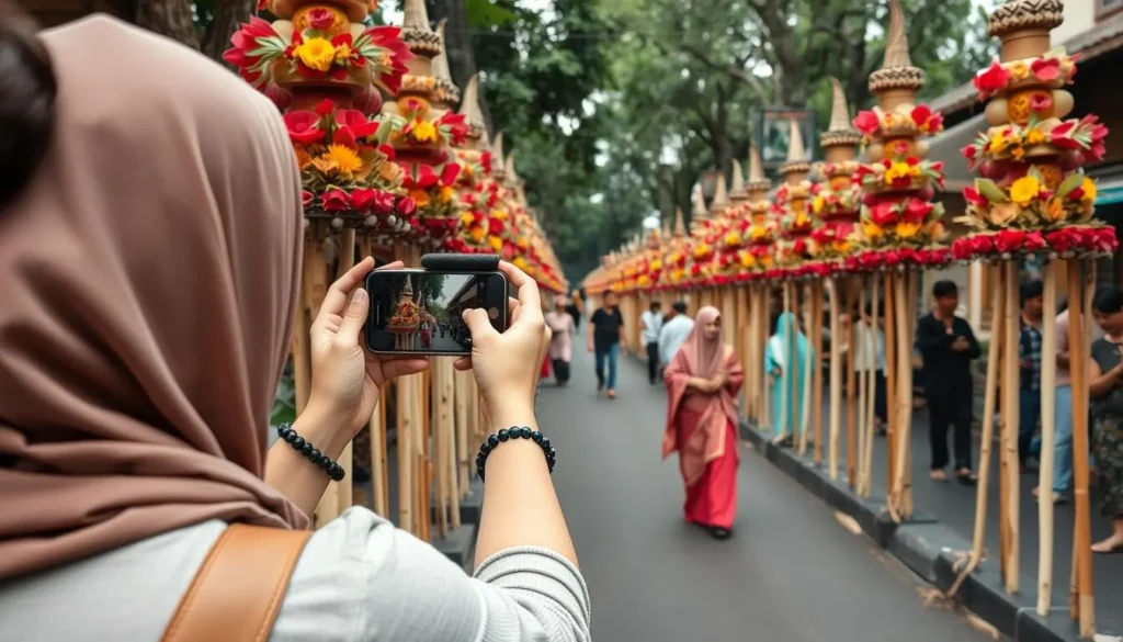 Tourist taking photos of colorful Balinese festival decorations with smartphone Tourist taking photos of colorful Balinese festival decorations with smartphone