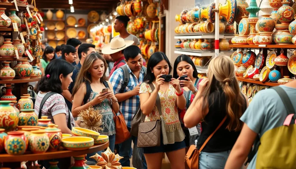Tourist taking photos of colorful artisan crafts in a Tlaquepaque market